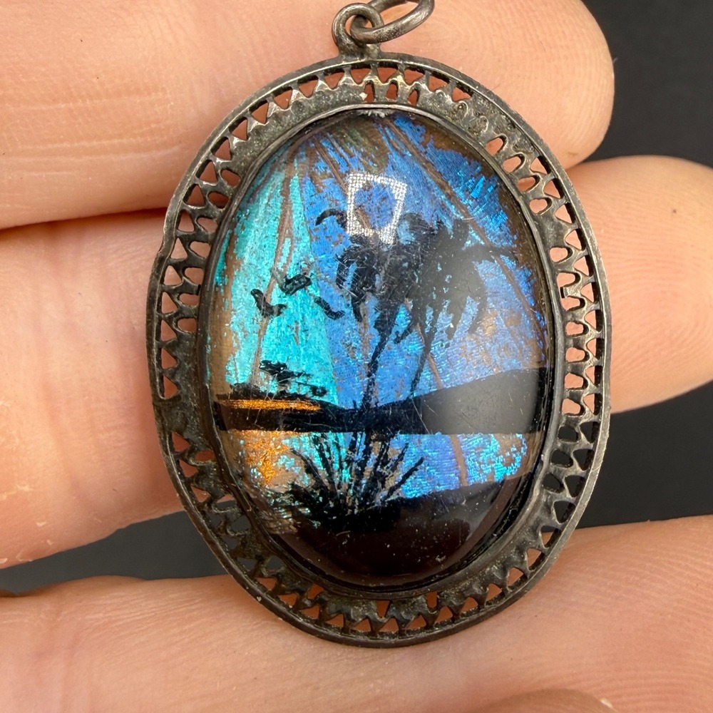 Vintage Estate Pendant Silver Butterfly Wing Morpho Tropical Beach Palm Tree